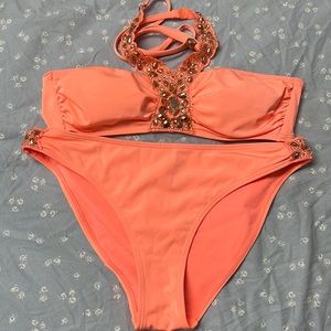 Neon Coral Embellished Bikini